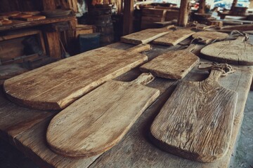 Rustic wooden cutting boards arranged on a workbench