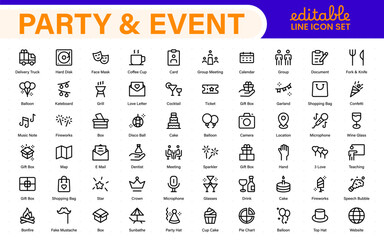 Party and event, celebration, anniversary elements - thin line web icon set. Outline icons collection.