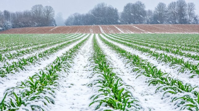 Snow-covered field with rows of young plants