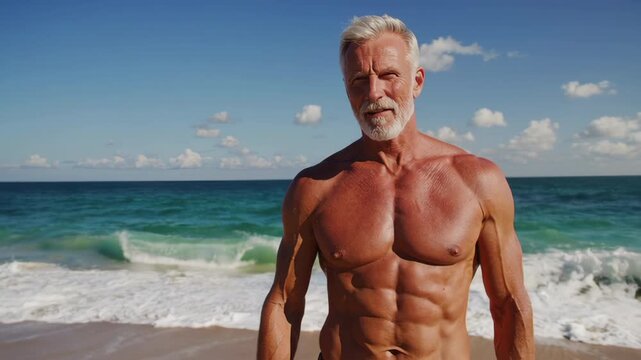 Muscular senior man posing on the beach