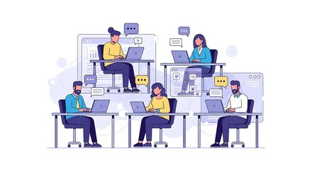 Diverse group of people working on laptops in a modern office setting.