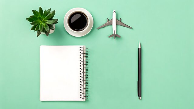 Travel planning flat lay with notebook, coffee and airplane on green background
 - Powered by Adobe