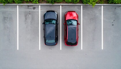 Aerial view of parked cars in designated parking spots with modern cityscape background.