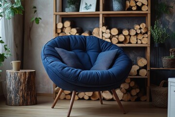 Close-up of a navy blue snuggle chair placed near wood stump logs, against a shelving unit. Scandinavian home interior design for a modern living room, Generative AI