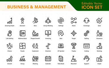 Business and management line icons set. Management icon collection. Project management icon collection. Time management and planning concept. Outline icon set.