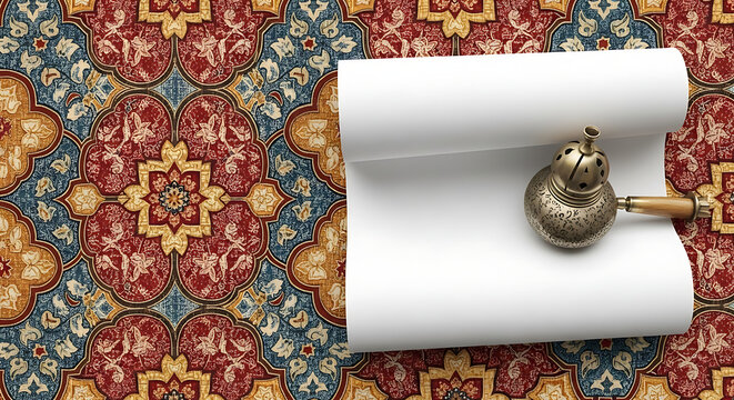 Antique paper scroll presents a classical floral pattern background with traditional design elements and rich colors for vintage appeal.