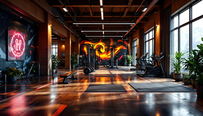 Spacious Gym Interior with Cardio Equipment and Artistic Murals