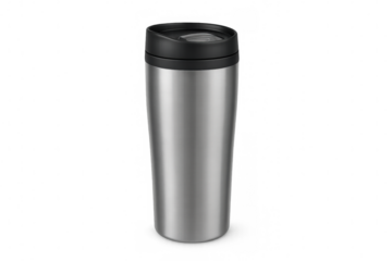 Photorealistic metallic thermal mug with black lid, perfect for showcasing your designs or for presentations related to beverages, travel, or sustainability, isolated on transparent background