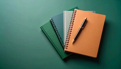 Colorful notebooks with pen stacked on green background for school or office use