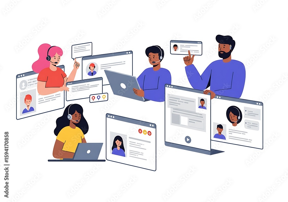 Poster diverse group of people working remotely on multiple computer screens.