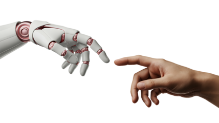 Artificial intelligence robot hand touching human finger technology connection concept on transparent background