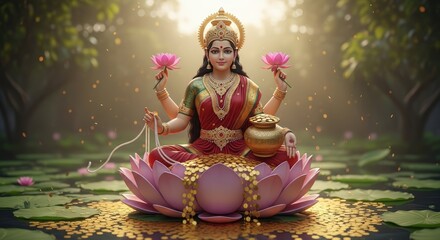 Goddess lakshmi sits on a lotus flower surrounded by gold coins
