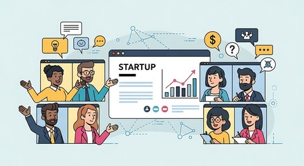 Diverse group participating in a virtual startup meeting.