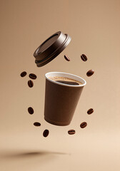  Plastic coffee cup with lid and floating beans around it on beige background