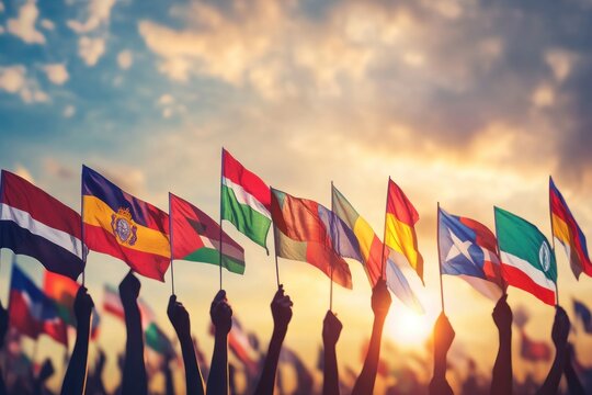 Peaceful scene of waving flags, representing international cooperation