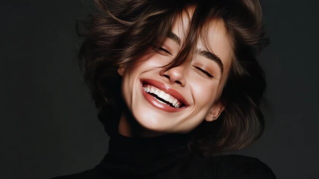 Smiling woman laughter levity happiness joy with tousled hair and radiant smile showing pure joy and happiness closeup face