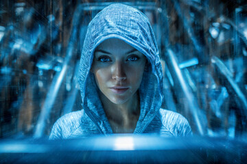 Focused woman in hooded sweatshirt training in gym with rain effect