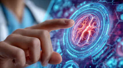 Human finger touching digital brain interface with glowing neural