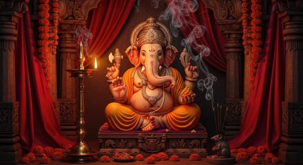 A ganesha statue with smoke and candles in a temple