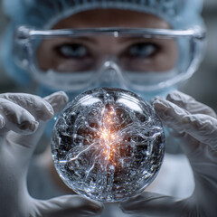 Scientist holding glowing neural network sphere with focus and care