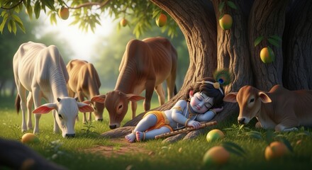 Baby krishna sleeps peacefully under a mango tree with grazing cows
