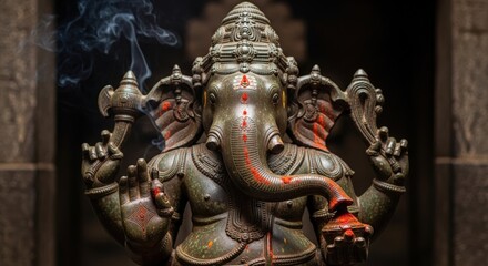 Fototapeta premium Ancient statue of the hindu god ganesha with smoke and red accents