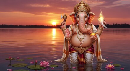 Lord ganesha stands in the water at sunset, holding religious items