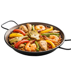 Colorful Paella with Chicken Shrimp and Vegetables in a Pan.
