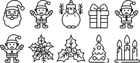 Fototapeta premium Minimalist Christmas Icons Set in Black and White featuring an elf snowman gift holly and Christmas tree perfect for holiday designs and festive decorations
