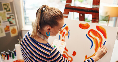 Above, art and painting with woman in studio apartment for creative expression or illustration...