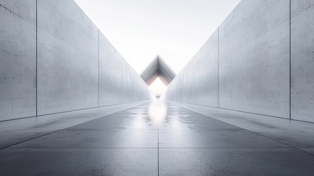 Modern architectural pathway leading to a triangular structure under bright light