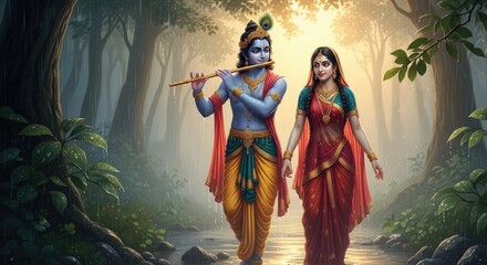 Fototapeta premium Krishna and radha walk together in a serene forest