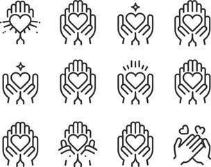 Fototapeta premium Hands holding heart icons showcase love, care, and support in a minimalist line art style.