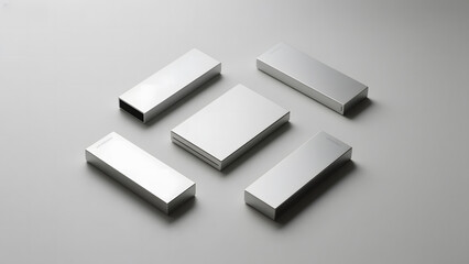 Five rectangular metallic objects arranged on a neutral background