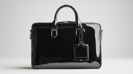 Sleek black laptop bag with glossy finish displayed against a neutral background and modern aesthetic
