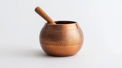 Beautiful handcrafted copper bowl with wooden pestle on a minimalist background