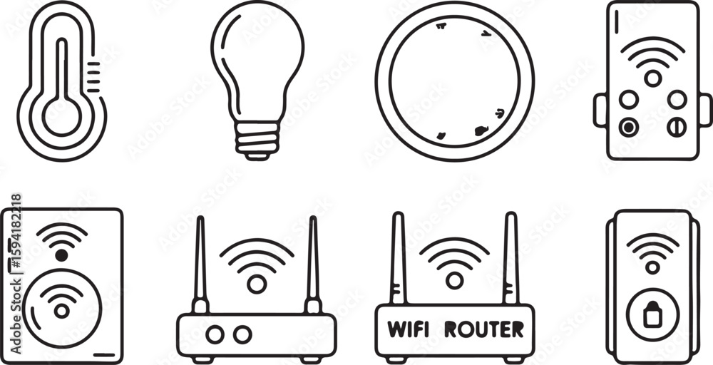 Poster smart home technology icons in black and white outline style featuring a lightbulb smart speaker and