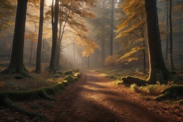 Fototapeta premium Autumn morning in old forest