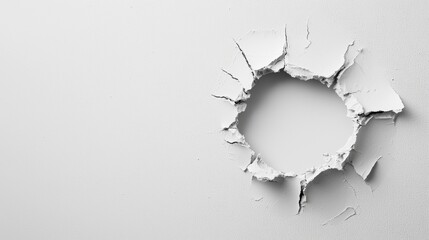 Hole in the wall reveals damaged surface with peeling paint in a minimally decorated room
