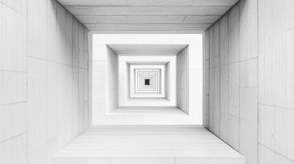 Intricate geometric pattern formed by white concrete walls in an architectural space