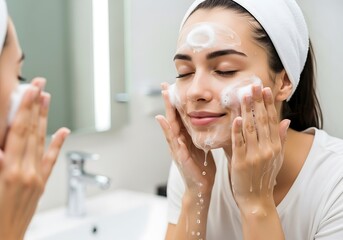 A woman applies facial cleanser in front of a mirror.
