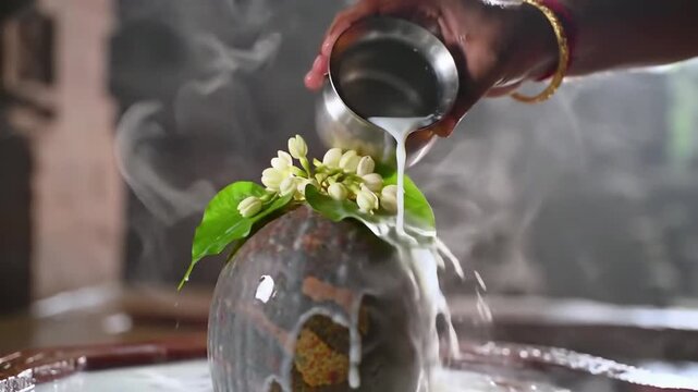 Close-up of Shivling pooja with milk, flowers, and bael leaves being offered, slow motion, soft devotional music, misty temple background