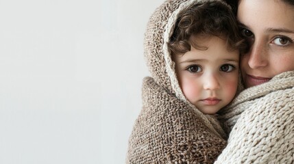 Warm embrace between mother and child wrapped in cozy blankets indoors showcasing deep bond in soft lighting