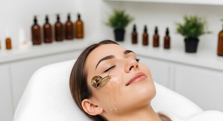 Woman receiving a facial treatment with a snail.