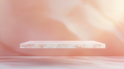 Minimalistic floating marble platform against a soft pastel background creates an elegant display for products