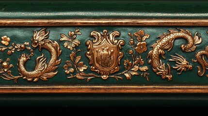 Intricate detailing on decorative panel showcasing dragons and floral designs in deep green and gold tones