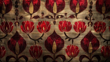 Detailed textile featuring red floral patterns on golden background from traditional craftsmanship showcasing intricate design