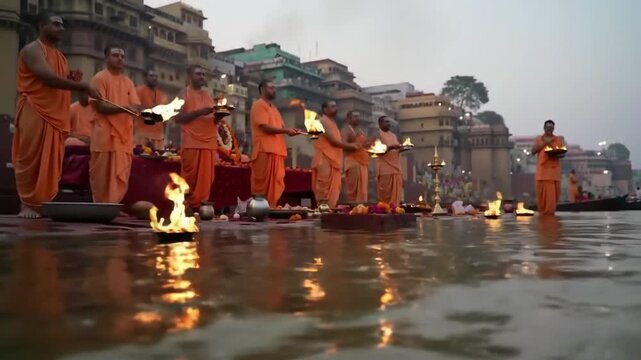 Early morning at Varanasi ghats &mdash; priests performing Ganga Aarti, flickering flames, chanting sounds, river flowing peacefully, saffron robes glowing in sunlight