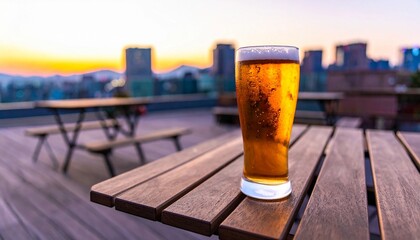 ビール 夕焼け 乾杯 飲み物 手 グラス 泡 黄金色 景色 祝杯 喜び リフレクション 夏 涼しい 幸福感 贅沢 太陽 輝き 空 シーン