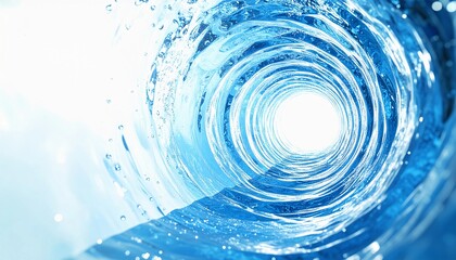 水 波 渦巻 青色 清涼感 スプラッシュ 流れ 動き 透明感 液体 トンネル 筒状 泡 白 爽やか 躍動感 エネルギー 自然 パワフル 水流 明るい